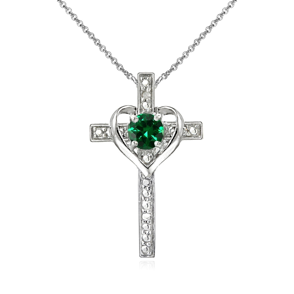 Sterling Silver Created Emerald Cross Heart Pendant Necklace for Girls, Teens or Women