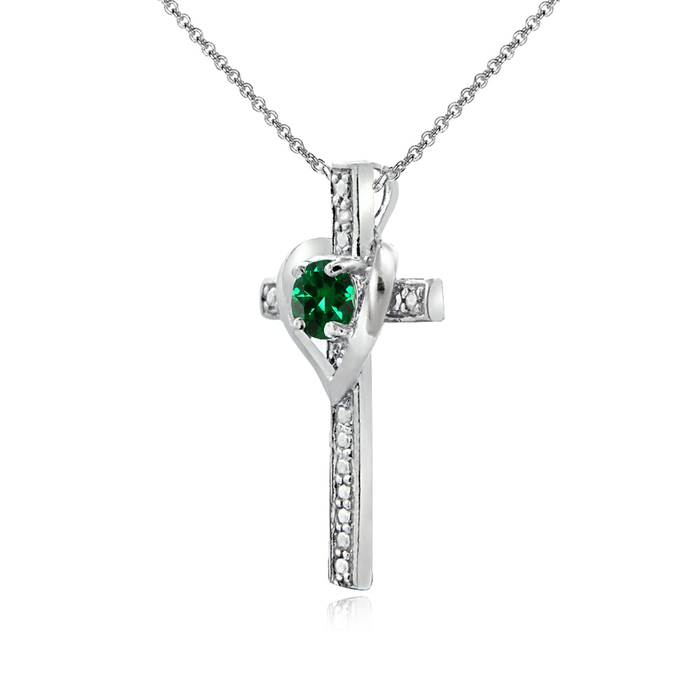Sterling Silver Created Emerald Cross Heart Pendant Necklace for Girls, Teens or Women-2