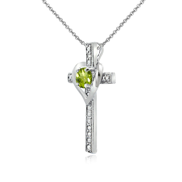 Sterling Silver Peridot Cross Heart Pendant Necklace for Girls, Teens or Women
