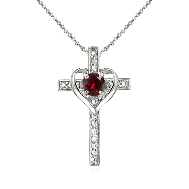 Sterling Silver Created Ruby Cross Heart Pendant Necklace for Girls, Teens or Women