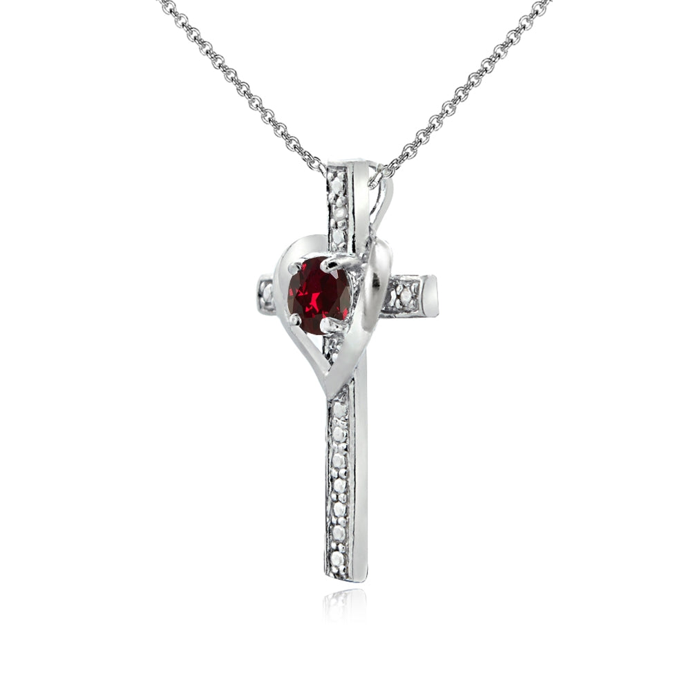 Sterling Silver Created Ruby Cross Heart Pendant Necklace for Girls, Teens or Women-2