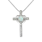 Sterling Silver Created White Opal Cross Heart Pendant Necklace for Girls, Teens or Women