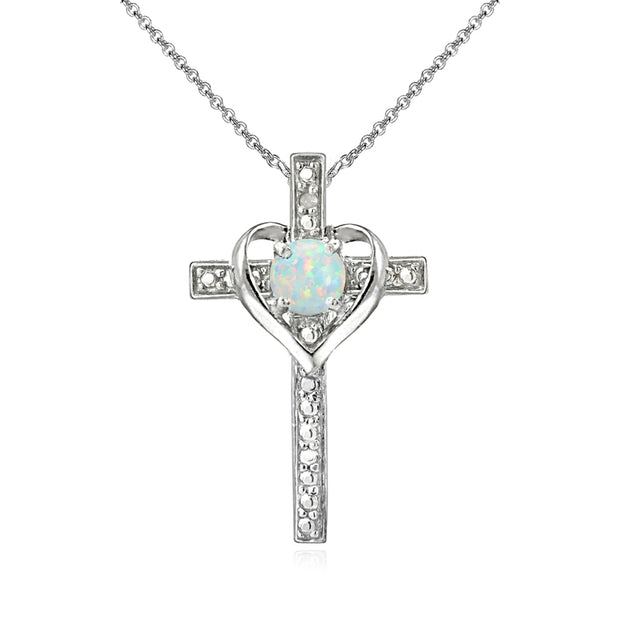 Sterling Silver Created White Opal Cross Heart Pendant Necklace for Girls, Teens or Women