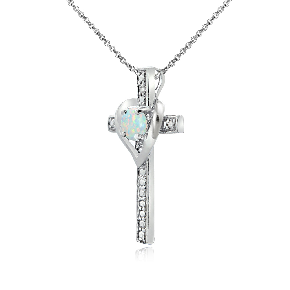 Sterling Silver Created White Opal Cross Heart Pendant Necklace for Girls, Teens or Women-2