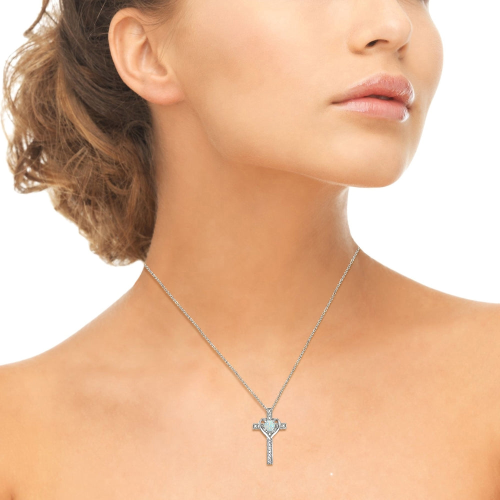 Sterling Silver Created White Opal Cross Heart Pendant Necklace for Girls, Teens or Women-3