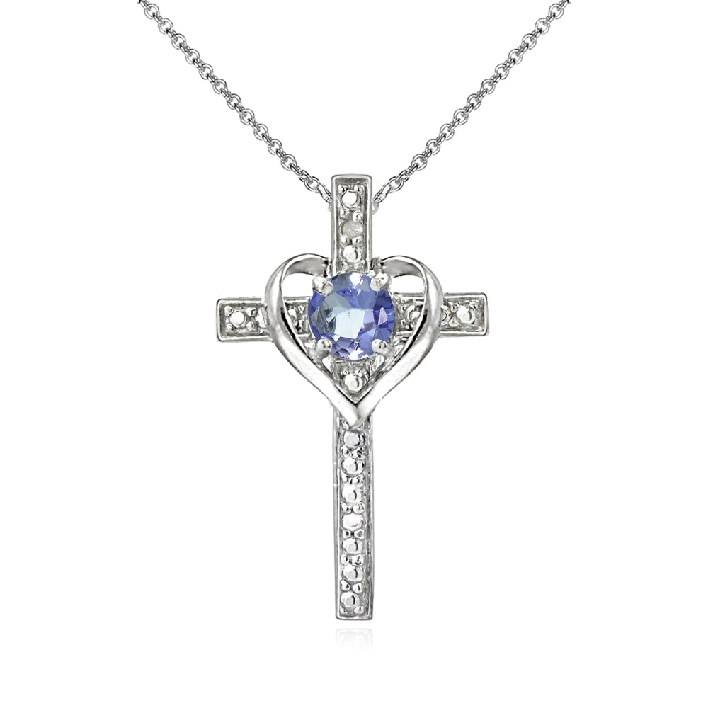 Sterling Silver Tanzanite Cross Heart Pendant Necklace for Girls, Teens or Women