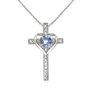 Sterling Silver Tanzanite Cross Heart Pendant Necklace for Girls, Teens or Women