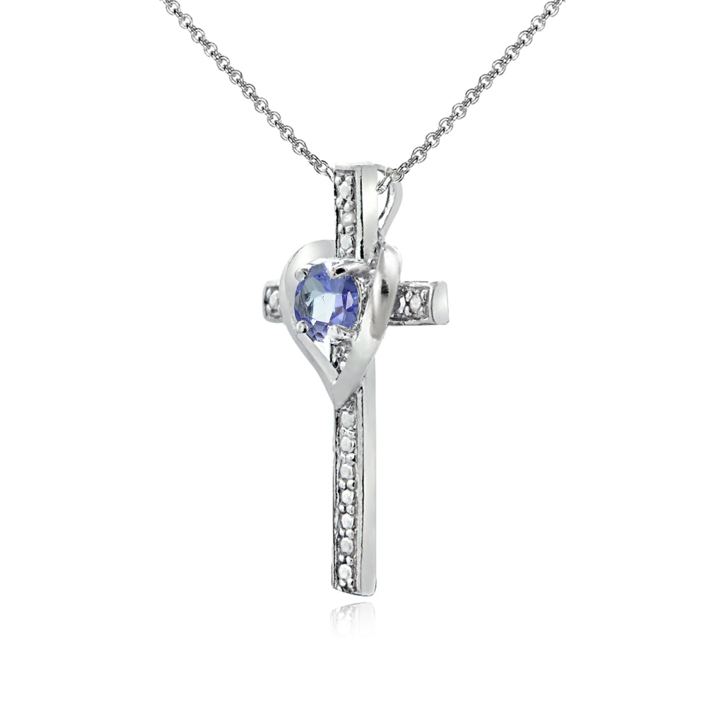 Sterling Silver Tanzanite Cross Heart Pendant Necklace for Girls, Teens or Women-2