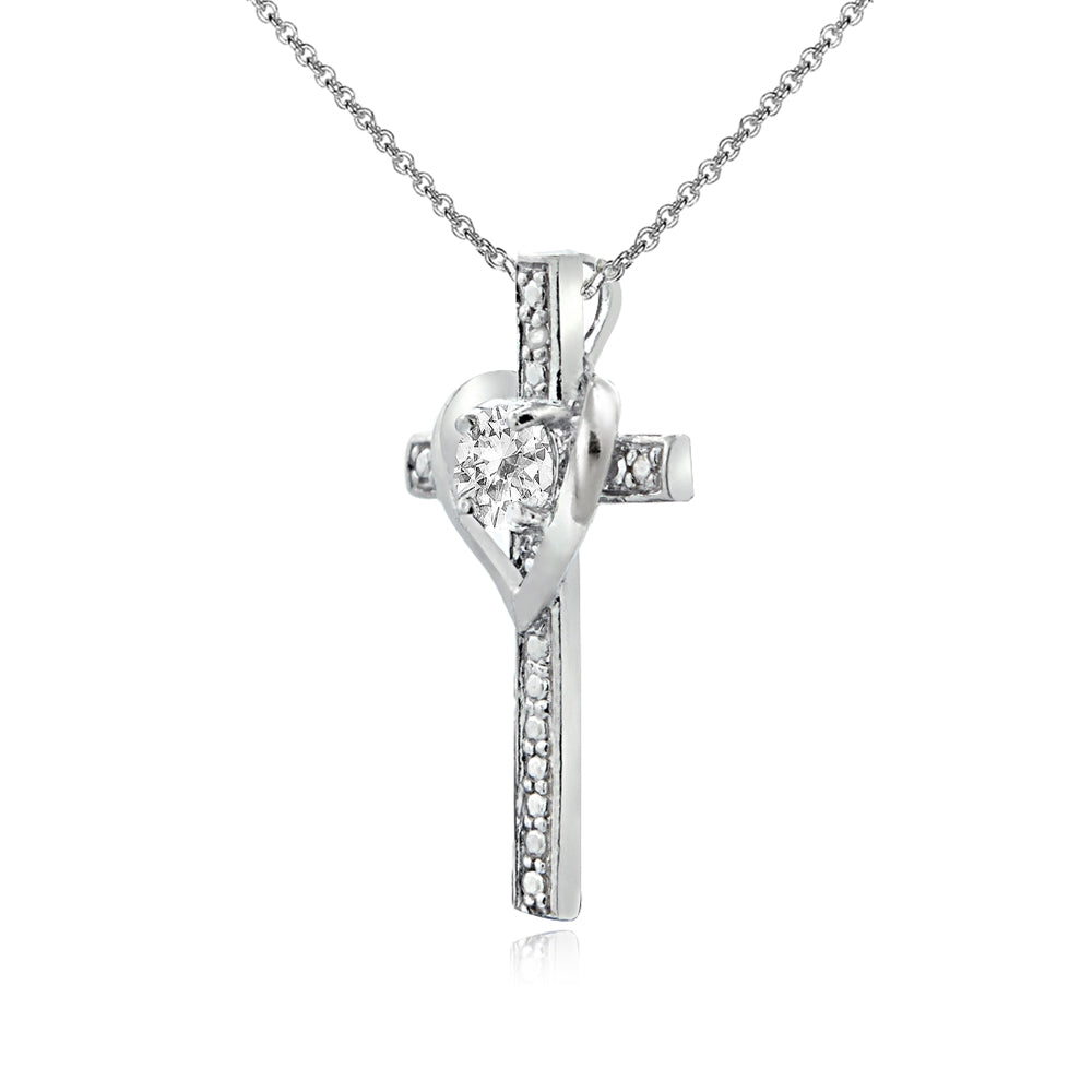 Sterling Silver White Topaz Cross Heart Pendant Necklace for Girls, Teens or Women-2