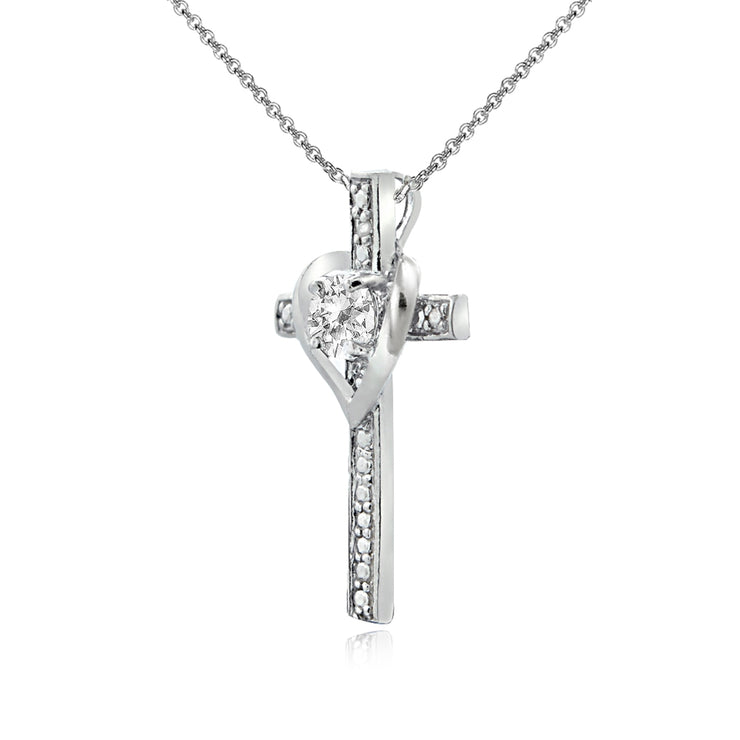 Sterling Silver White Topaz Cross Heart Pendant Necklace for Girls, Teens or Women