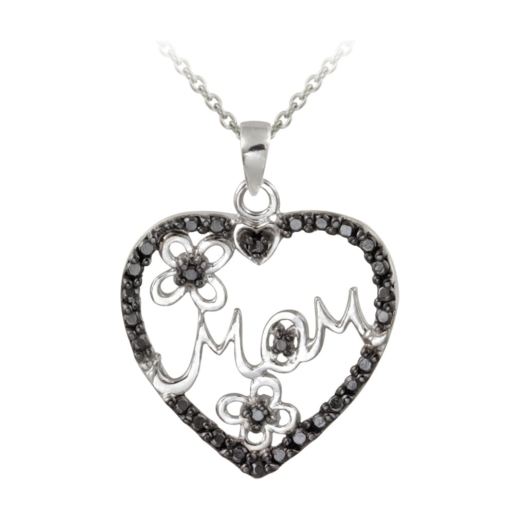 Sterling Silver Black Diamond Accent Mom Heart Pendant, 18"