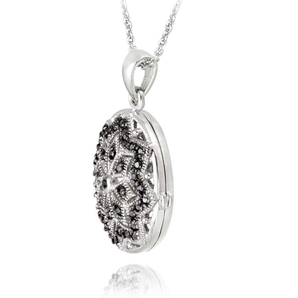 Sterling Silver Black Diamond Accent Filigree Oval Locket Necklace-2