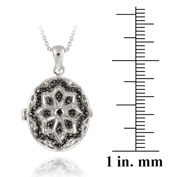 Sterling Silver Black Diamond Accent Filigree Oval Locket Necklace