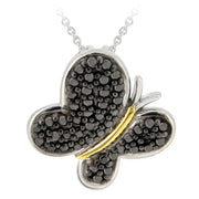 Sterling Silver Two Tone Black Diamond Accent Butterfly Necklace