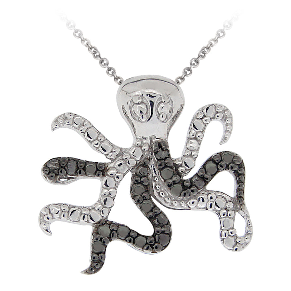 Sterling Silver Black Diamond Accent Octopus  Necklace