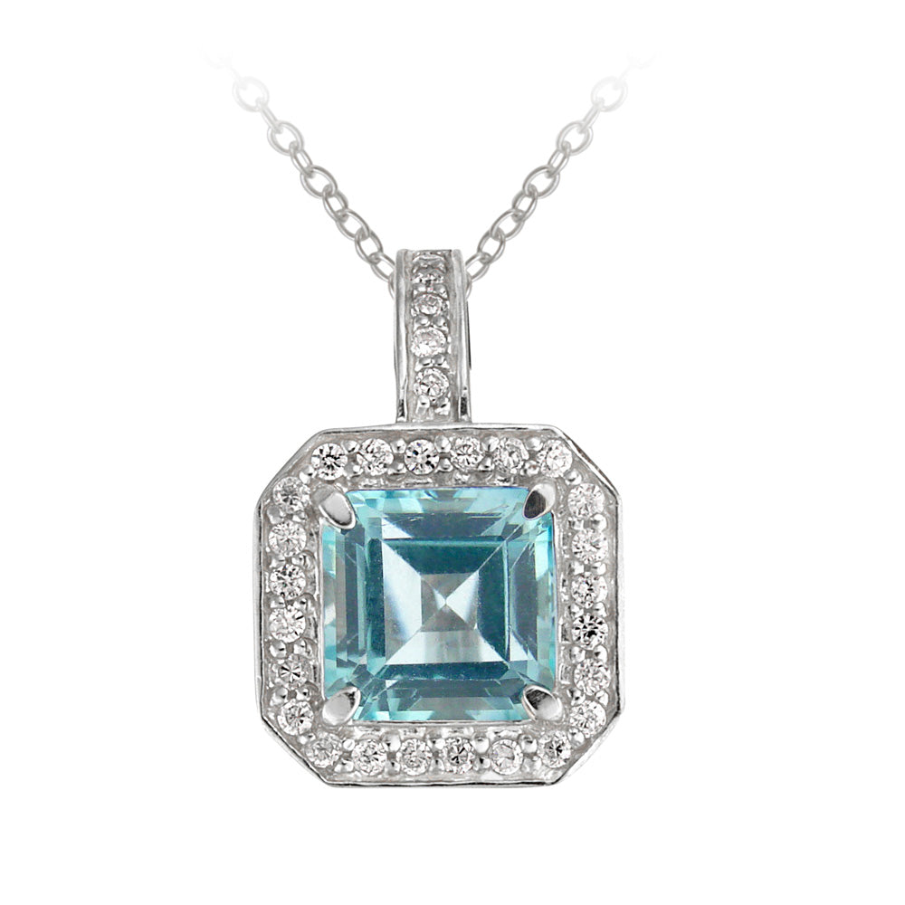 Sterling Silver 6.2ct Blue Topaz & CZ Square Necklace