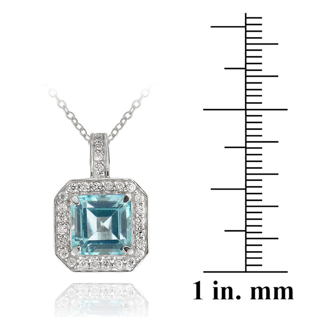 Sterling Silver 6.2ct Blue Topaz & CZ Square Necklace