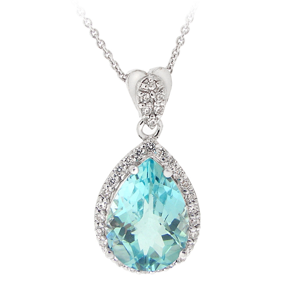 Sterling Silver 6.3ct Blue Topaz & CZ Teardrop Necklace