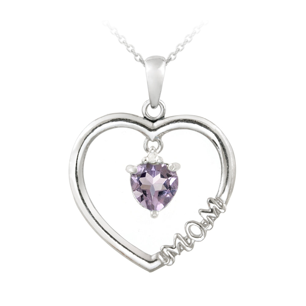 Sterling Silver Dangling Amethyst & Diamond Accent "Mom" Open Heart Necklace