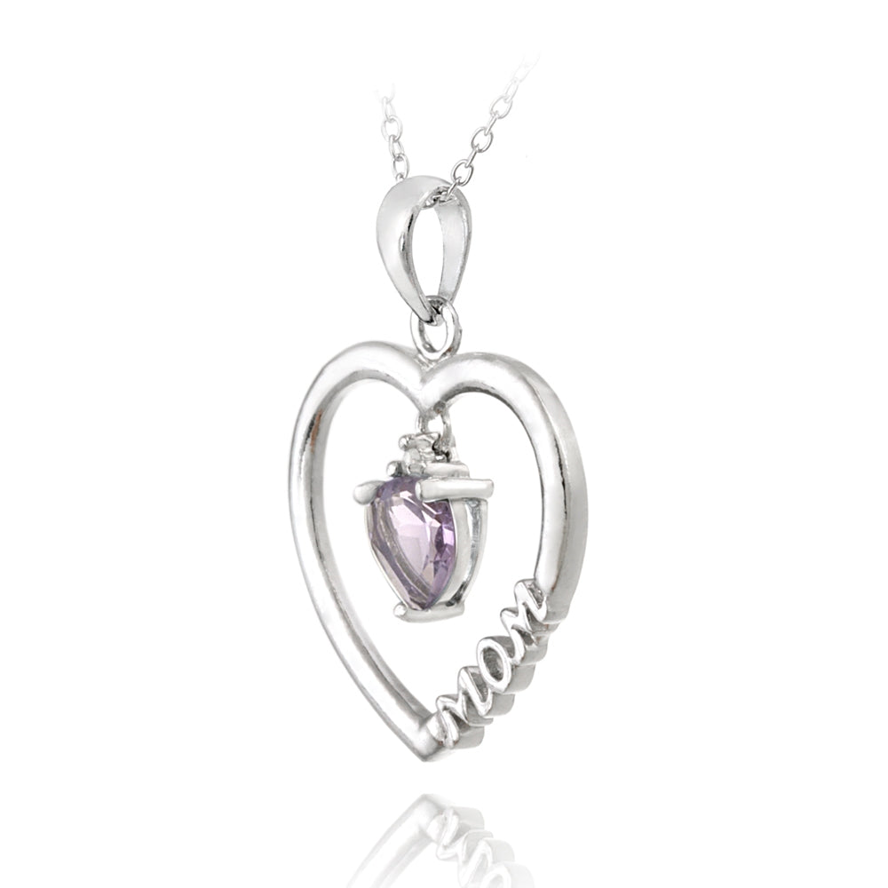 Sterling Silver Dangling Amethyst & Diamond Accent "Mom" Open Heart Necklace-2
