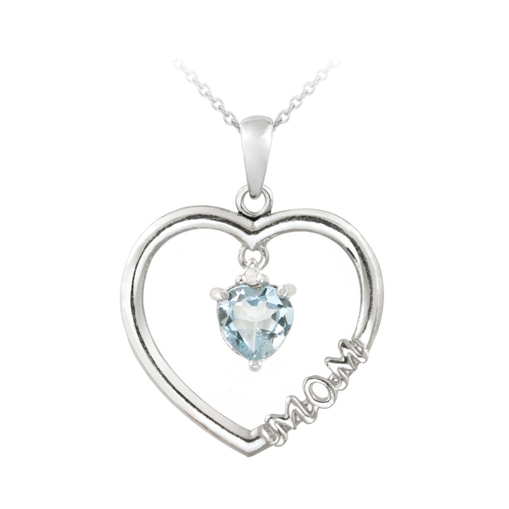 Sterling Silver Dangling Blue Topaz & Diamond Accent "Mom" Open Heart Necklace