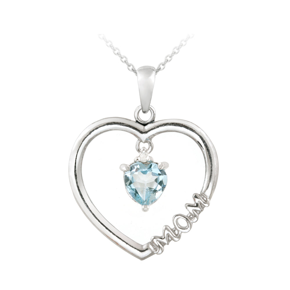 Sterling Silver Dangling Blue Topaz & Diamond Accent "Mom" Open Heart Necklace-2