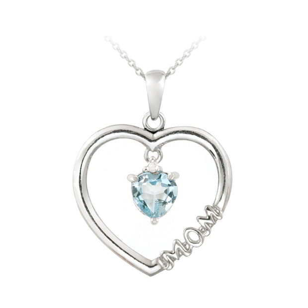 Sterling Silver Dangling Blue Topaz & Diamond Accent "Mom" Open Heart Necklace