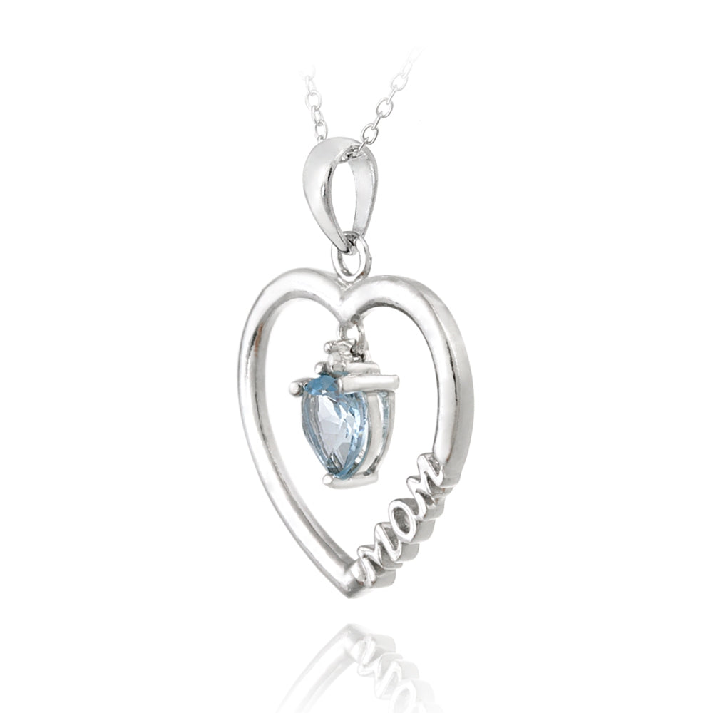 Sterling Silver Dangling Blue Topaz & Diamond Accent "Mom" Open Heart Necklace-3