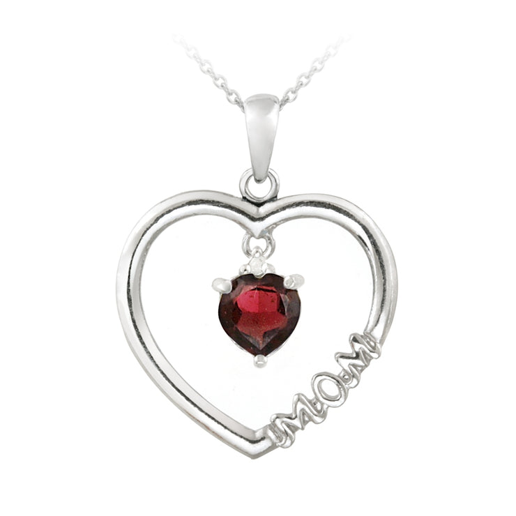 Sterling Silver Dangling Garnet & Diamond Accent "Mom" Open Heart Necklace