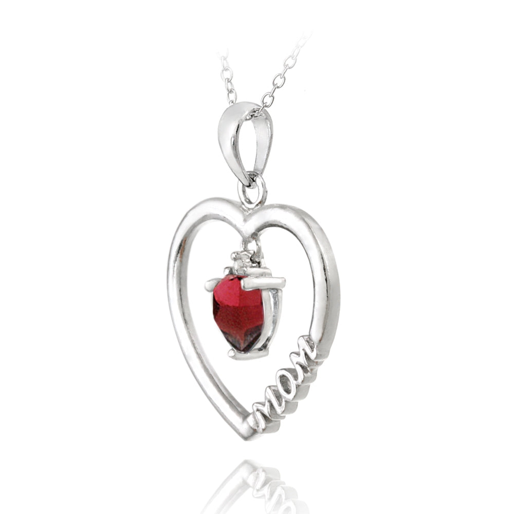 Sterling Silver Dangling Garnet & Diamond Accent "Mom" Open Heart Necklace-2
