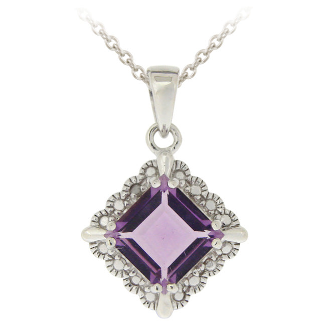 Sterling Silver 2.35ct Amethyst & Diamond Accent Diamond Shape Necklace