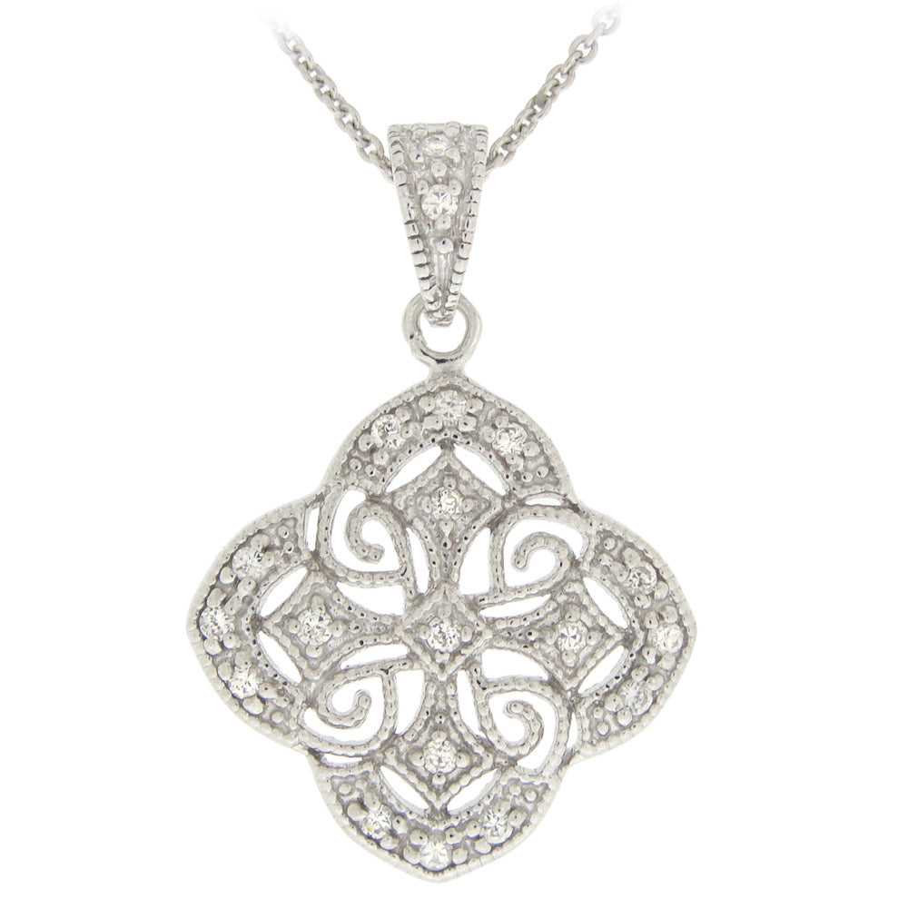 Sterling Silver CZ Filigree Flower Necklace