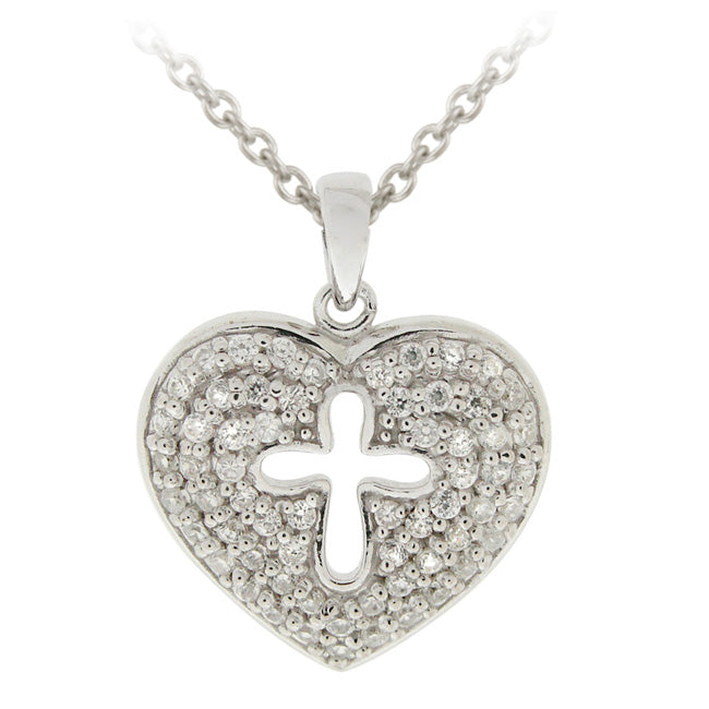 Sterling Silver CZ Cross Heart Pendant