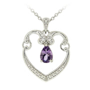 Sterling Silver Dangling Amethyst & Diamond Accent Open Heart Necklace