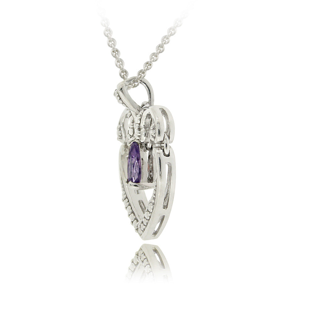 Sterling Silver Dangling Amethyst & Diamond Accent Open Heart Necklace-2