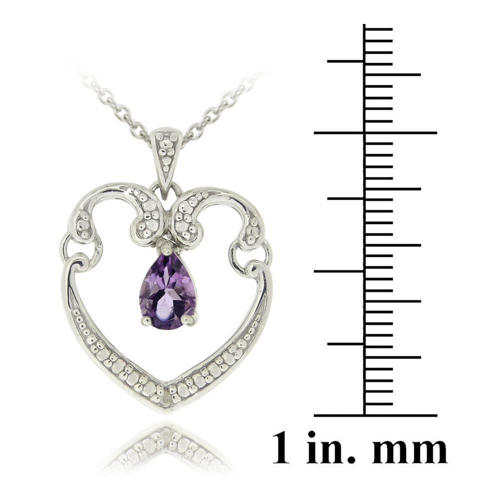 Sterling Silver Dangling Amethyst & Diamond Accent Open Heart Necklace-3