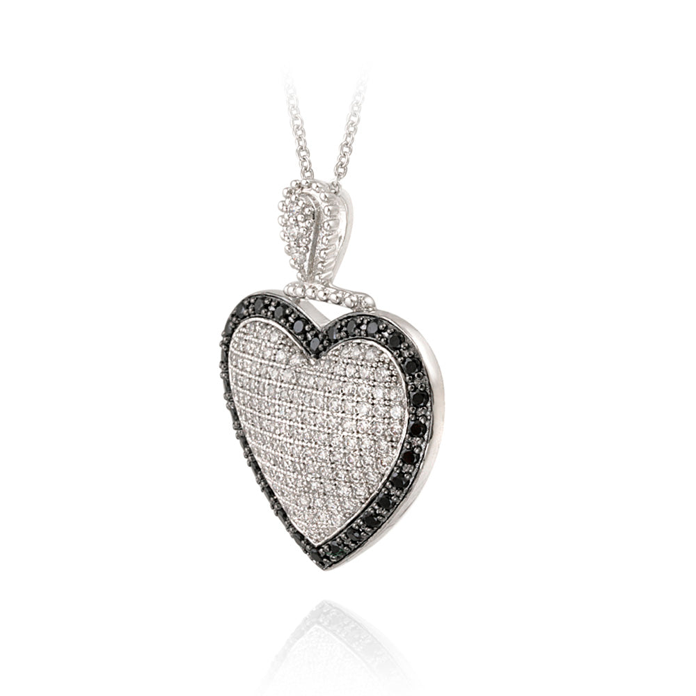Sterling Silver White & Black CZ Puffed Heart Necklace-2
