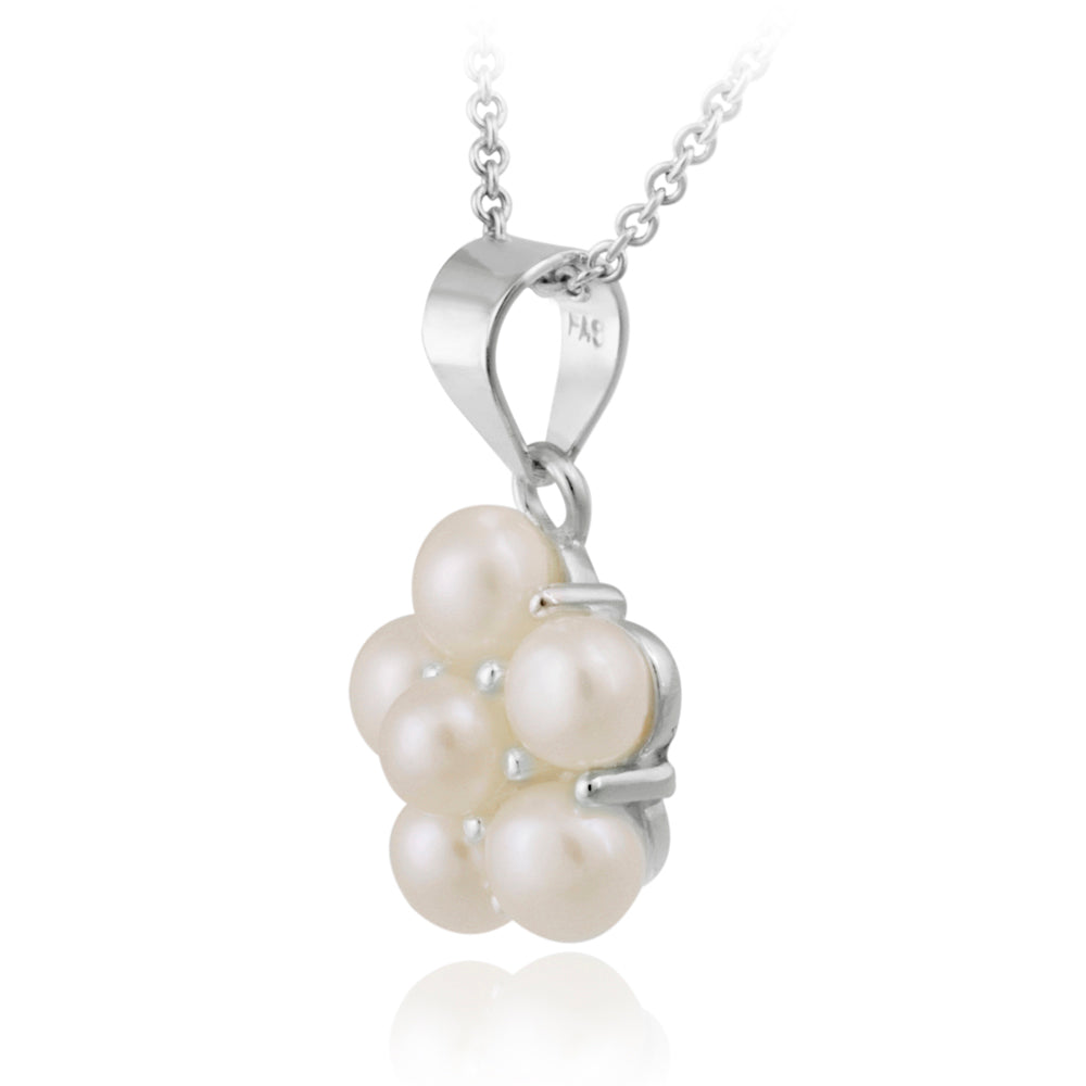 Sterling Silver Freshwater Cultered White Pearls Flower Cluster Necklace-2