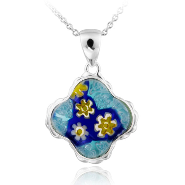 Sterling Silver Blue Millefoiri Glass Clover Necklace