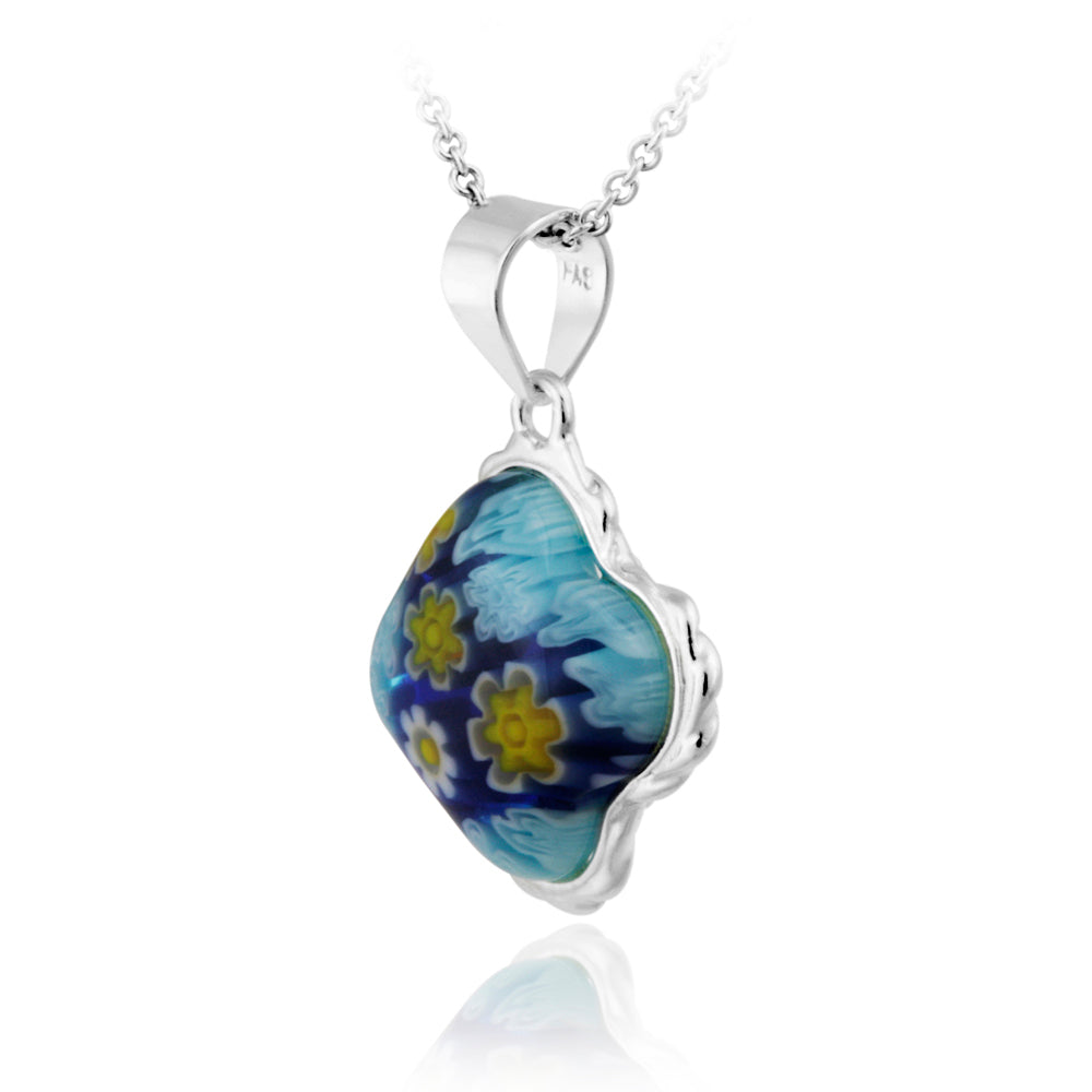 Sterling Silver Blue Millefoiri Glass Clover Necklace-2