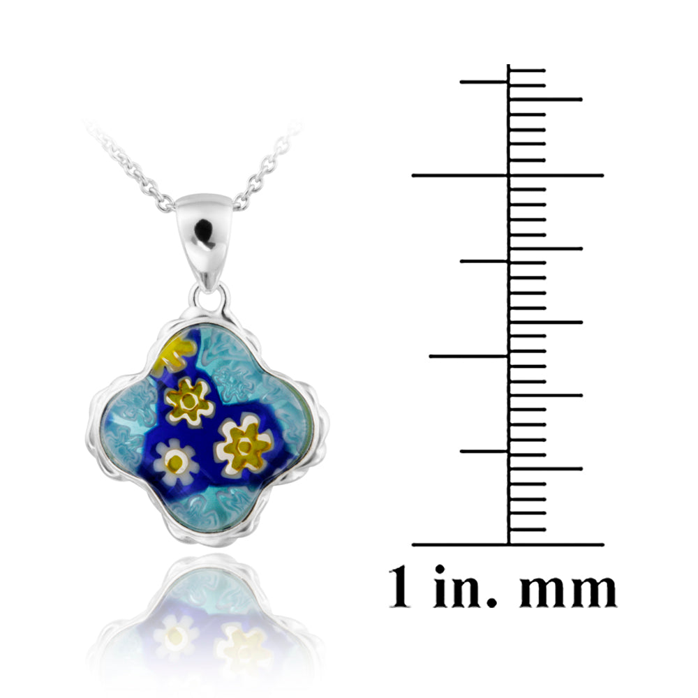 Sterling Silver Blue Millefoiri Glass Clover Necklace-3