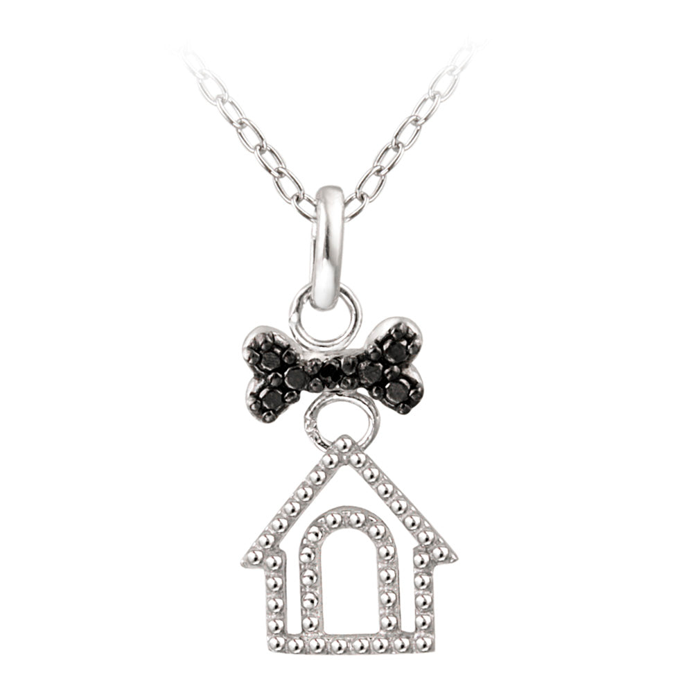 Sterling Silver Black Diamond Accent Dog House & Dog Bone Necklace