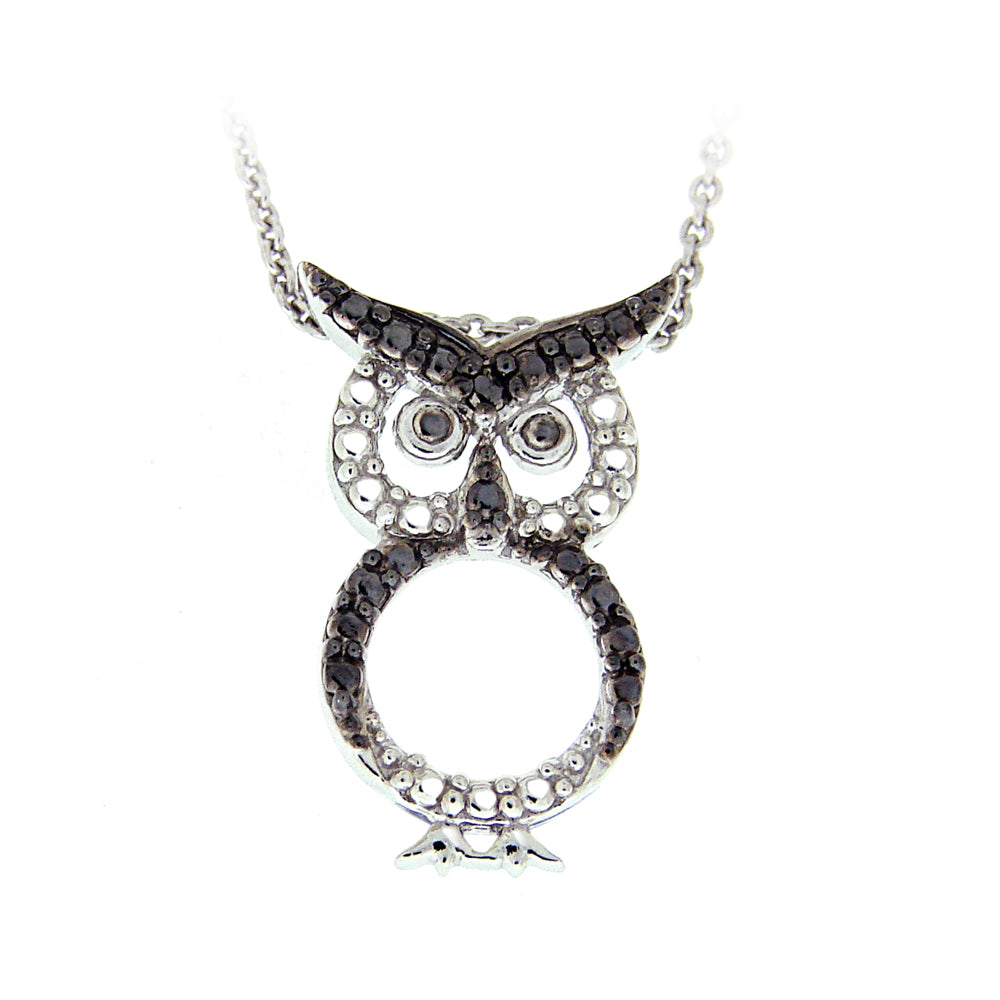 Sterling Silver Black Diamond Accent Owl Necklace-2
