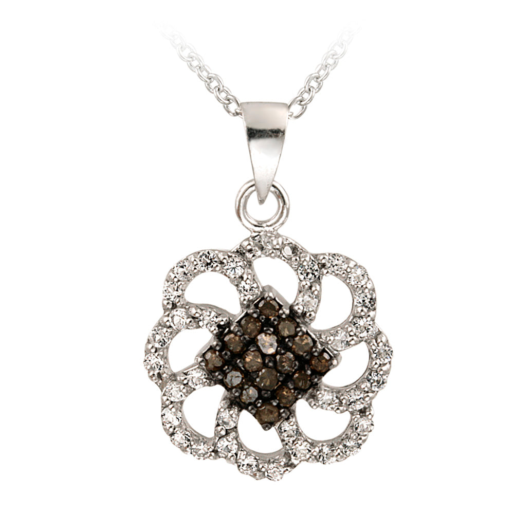 Sterling Silver 1/6ct Champagne Diamonds & White Topaz Swirl Flower Necklace