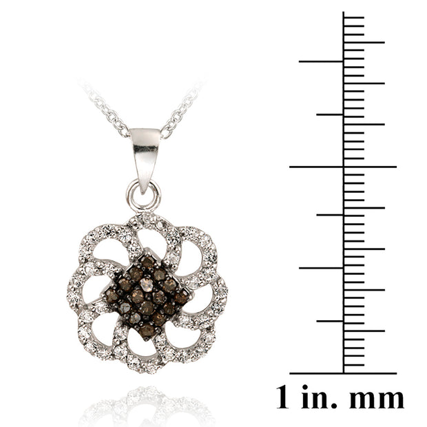 Sterling Silver 1/6ct Champagne Diamonds & White Topaz Swirl Flower Necklace