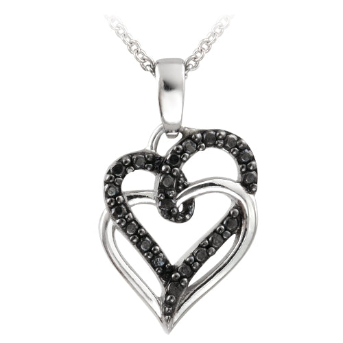 Sterling Silver Black Diamond Accent Double Intertwining Open Hearts Necklace-2