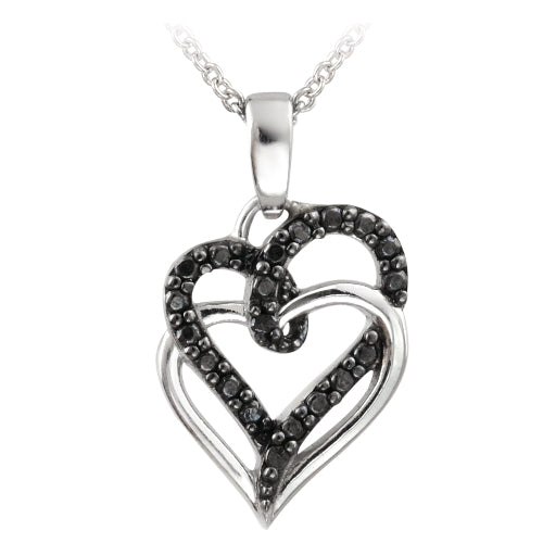 Sterling Silver Black Diamond Accent Double Intertwining Open Hearts Necklace