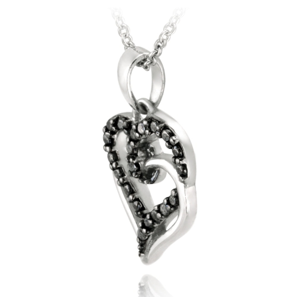 Sterling Silver Black Diamond Accent Double Intertwining Open Hearts Necklace-3