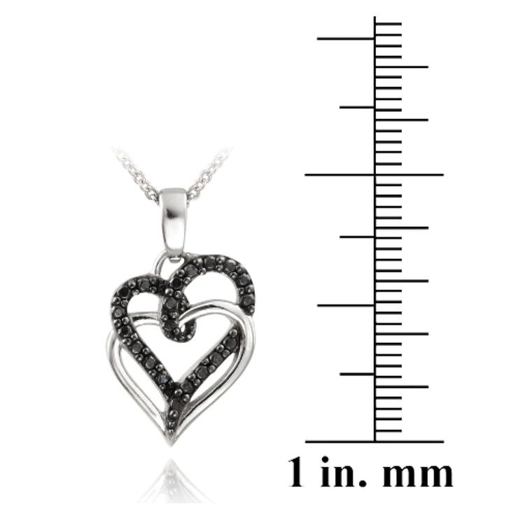 Sterling Silver Black Diamond Accent Double Intertwining Open Hearts Necklace