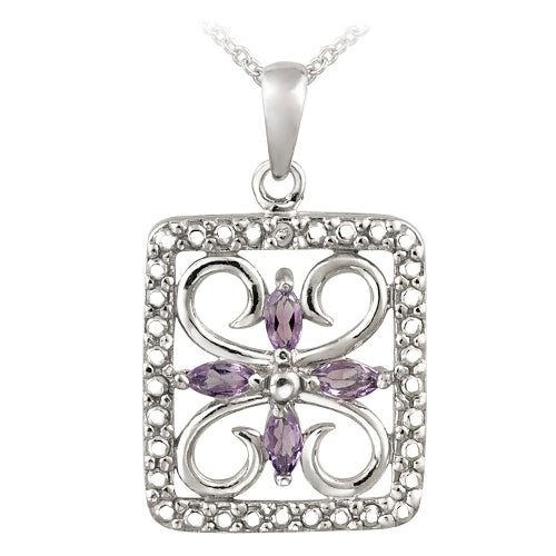 Sterling Silver Amethyst & Diamond Accent Filigree Flower Design Necklace
